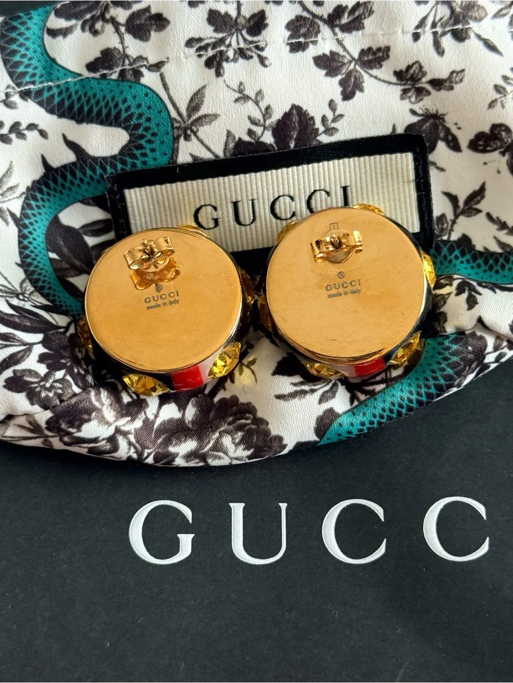 Gucci Red White Black Vintage Enamel Dome Earrings with Gold GG Accents